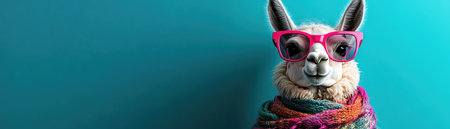 Stylish llama wearing pink sunglasses and a colorful scarf, set against a teal backgroundの素材