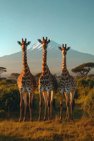 Three giraffes stand tall on the savannah, Kilimanjaro in the backgroundの素材