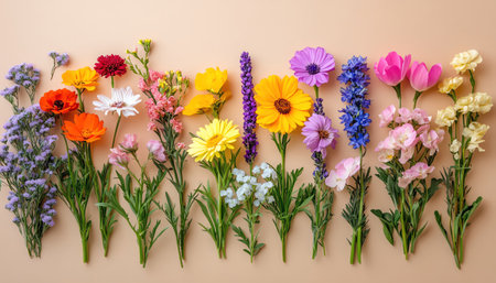 Top view of colorful wildflowers arranged neatly on pastel brown backgroundの素材