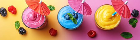 Thai fruit smoothie with umbrella, top view, bright colors, cafe background, summer vibeの素材