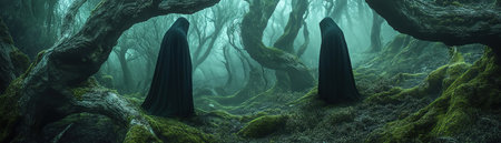 Two cloaked figures stand in an eerie mosscovered forest with twisted, dark treesの素材