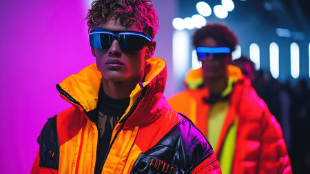 Two male models in neontrimmed jackets and shades walking runway, dark moody lightingの素材