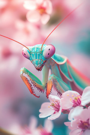Vibrant mantis resting on blooming cherry blossoms, blending nature and surreal vivid huesの素材