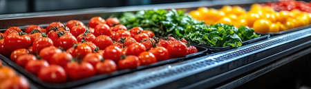 Vegetable washing and sorting line, side view, bright light, fresh vibrant colorsの素材