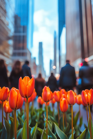 Vibrant tulips in foreground, blurred businesspeople walking in a busy city, skyscrapers towering aboveの素材
