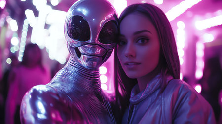 Woman and alien taking a selfie, chrome outfits, pink lights, scifi party vibeの素材
