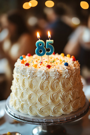 Big bright cake with 85shaped candle and eightyfive candle flamesの素材