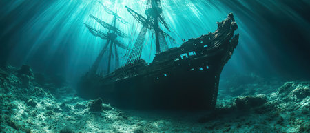 Sunken pirate shipwreck on ocean floor eerie light filtering through water cinematic angleの素材