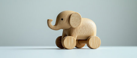 Minimal wood elephant toy on wheels soft side light white background handmade charmの素材