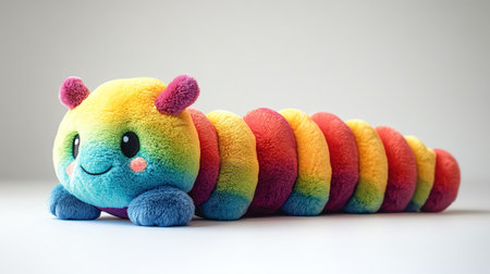 Rainbow plush caterpillar toy bright colors soft light white background fun expressionの素材