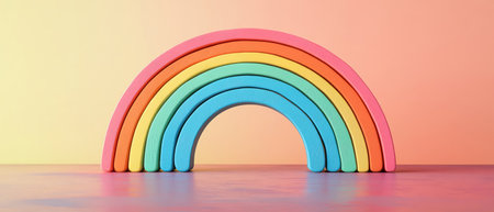 Wooden rainbow toy arch arranged in spectrum soft light minimal background playful designの素材