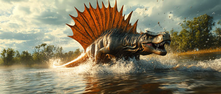 3D Spinosaurus fishing giant salmon from river, dynamic water splashの素材