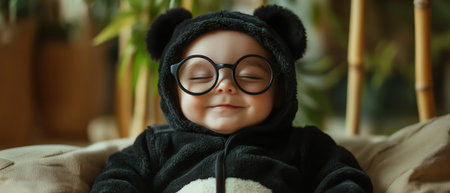 Baby in panda outfit and round glasses, bamboo toy background, peaceful expressionの素材
