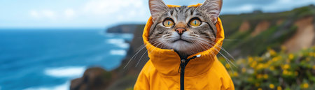 A close-up of a tabby cat in a bright yellow raincoat near a cliffside with ocean wavesの素材