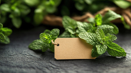Fresh mint blossoms with blank tag, herb garden atmosphereの素材