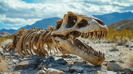 Fossilized dinosaur remains uncovered at desert dig siteの素材