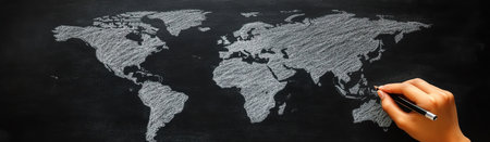 Hand drawing chalk world map on blackboard, classroom or planning sceneの素材