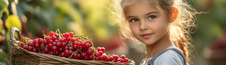 Girl carrying basket of redcurrants, joyful farm adventureの素材
