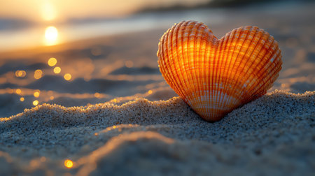 Heartshaped seashell resting in soft sand, coastal breezeの素材