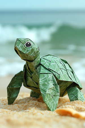 Origami turtle folded from green textured paper, sandy beach sceneの素材