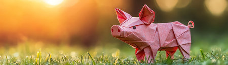 Pink origami piglet standing on soft grass, spring morning lightの素材