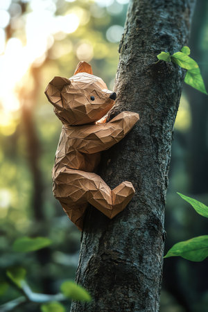 Origami bear cub climbing tree trunk, lively forest backgroundの素材