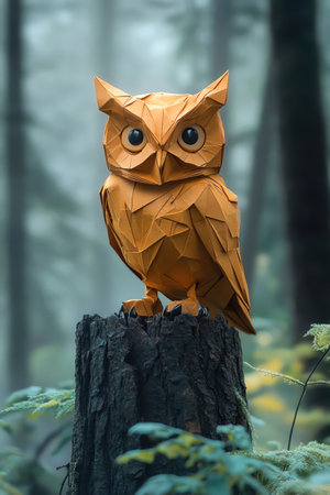 Origami owl with wide eyes, perched on ancient tree stump, misty forestの素材