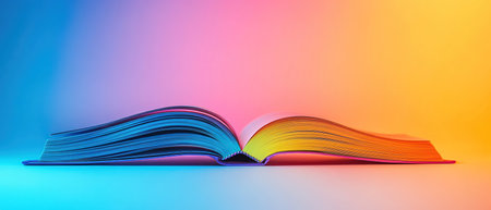 Open book with vibrant multicolored pages on a pastel gradient backgroundの素材
