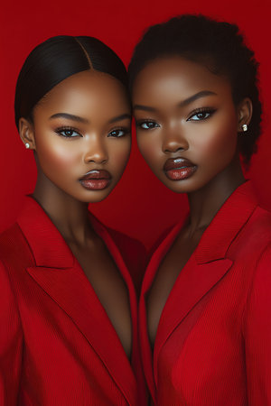 Stylish twin models in red against bold crimson backdrop, highfashion studio lightingの素材
