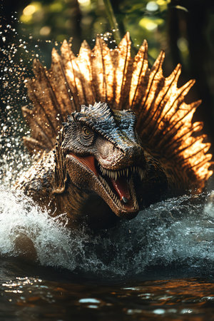 Spinosaurus fishing in river, dramatic water splashの素材