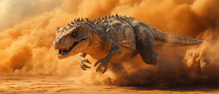 Carnotaurus sprinting across desert plain, kicking up dustの素材