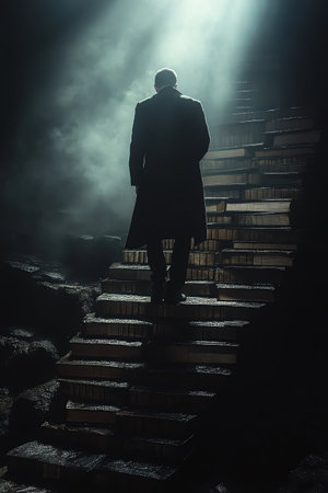 Businessman silhouette climbing book stairs, knowledge growth concept, spotlightの素材