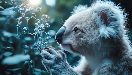 Koala adjusting AI chemistry assistant, soft blue light backgroundの素材