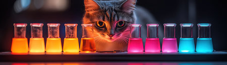 Cat balancing neon beakers carefully on futuristic traysの素材