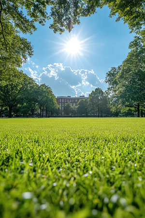 Wide open green campus lawn under blue sky and sunshineの素材