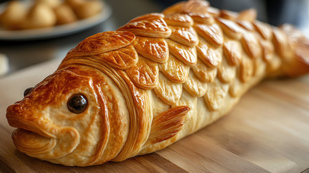 Croissant designed like a fish, scales baked into doughの素材
