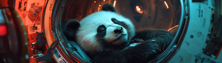Panda in cosmic gear napping inside space podの素材