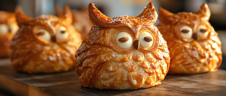 Owlshaped croissant with puffed chest and almond eyesの素材