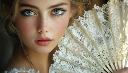 Woman holding lace fan, dressed for masquerade ballの素材