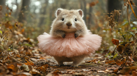 Wombat in tutu slowly stepping on garden pathの素材