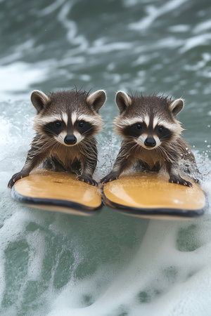 Raccoon twins riding wave on tandem boardの素材