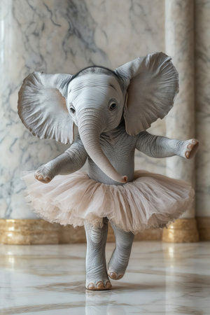Elephant in ballet tutu dancing across marble floorの素材