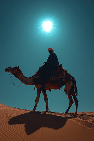 Bedouin rider on camel desert trail wide shot midday sun strong silhouette cultural survival toneの素材
