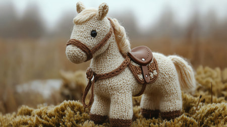 Knitted horse with saddle closeup soft yarn mane rustic decor wild charm gentle toy toneの素材