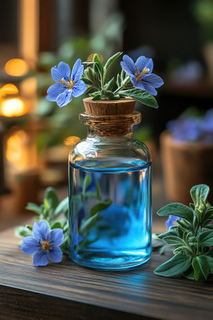 Borage oil with flower topdown gentle blue bloom soft background health and skin focusの素材