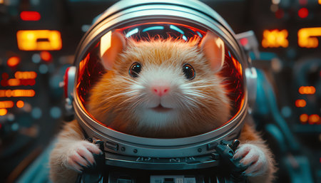 Hamster in astronaut helmet closeup space shuttle background glowing controls scifi vibeの素材