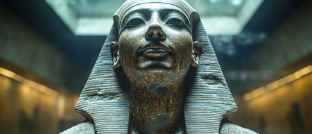 Pharaonic statue in museum case, closeup, spotlight focus, dramatic shadow, ancient grandeur preserved indoorsの素材
