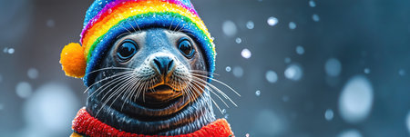 Seal clapping in rainbow clown hat, circus splash zoneの素材