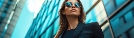 Girl in tailored pantsuit wide shot glass building clean lines modern boss styleの素材