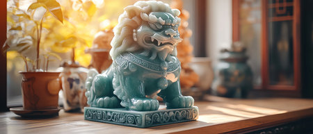 Jade lion on desk corner side view soft office light symbolic strength clean setting green popの素材